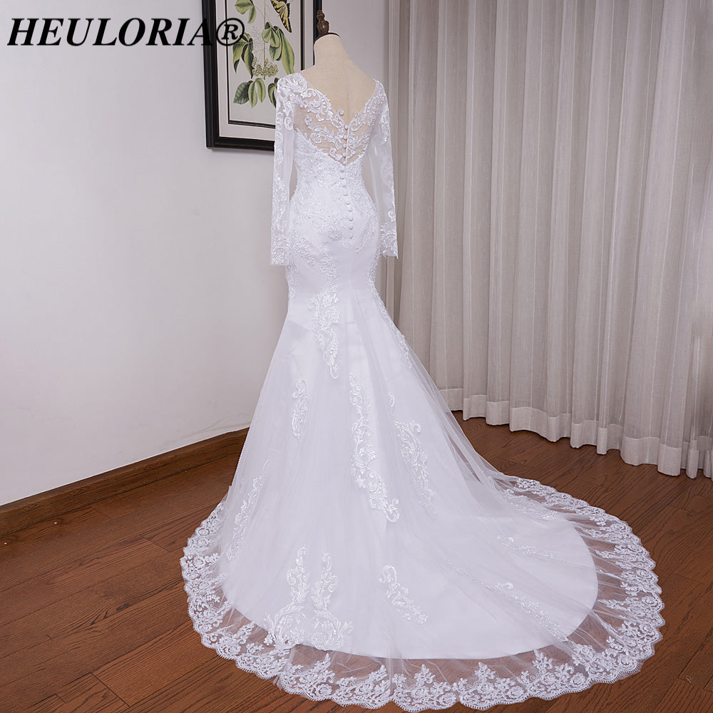 HEULORIA Elegant Long Sleeve Mermaid Lace Wedding Dress with Scalloped Neckline and Illusion Button Back ME-628