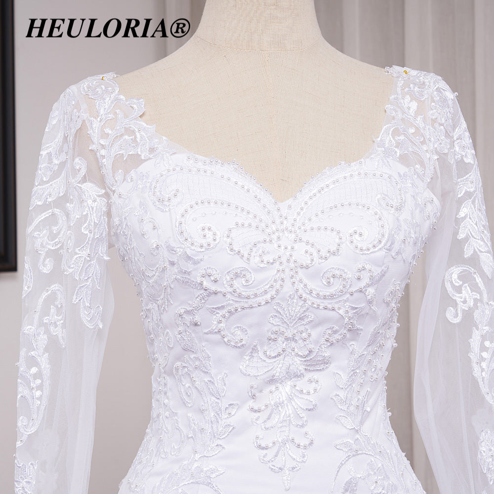 HEULORIA Elegant Long Sleeve Mermaid Lace Wedding Dress with Scalloped Neckline and Illusion Button Back ME-628