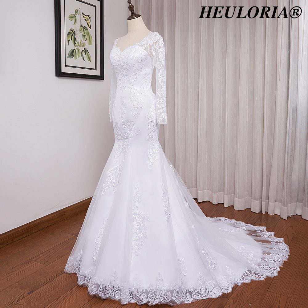 HEULORIA Elegant Long Sleeve Mermaid Lace Wedding Dress with Scalloped Neckline and Illusion Button Back ME-628 Imagen principal del producto
