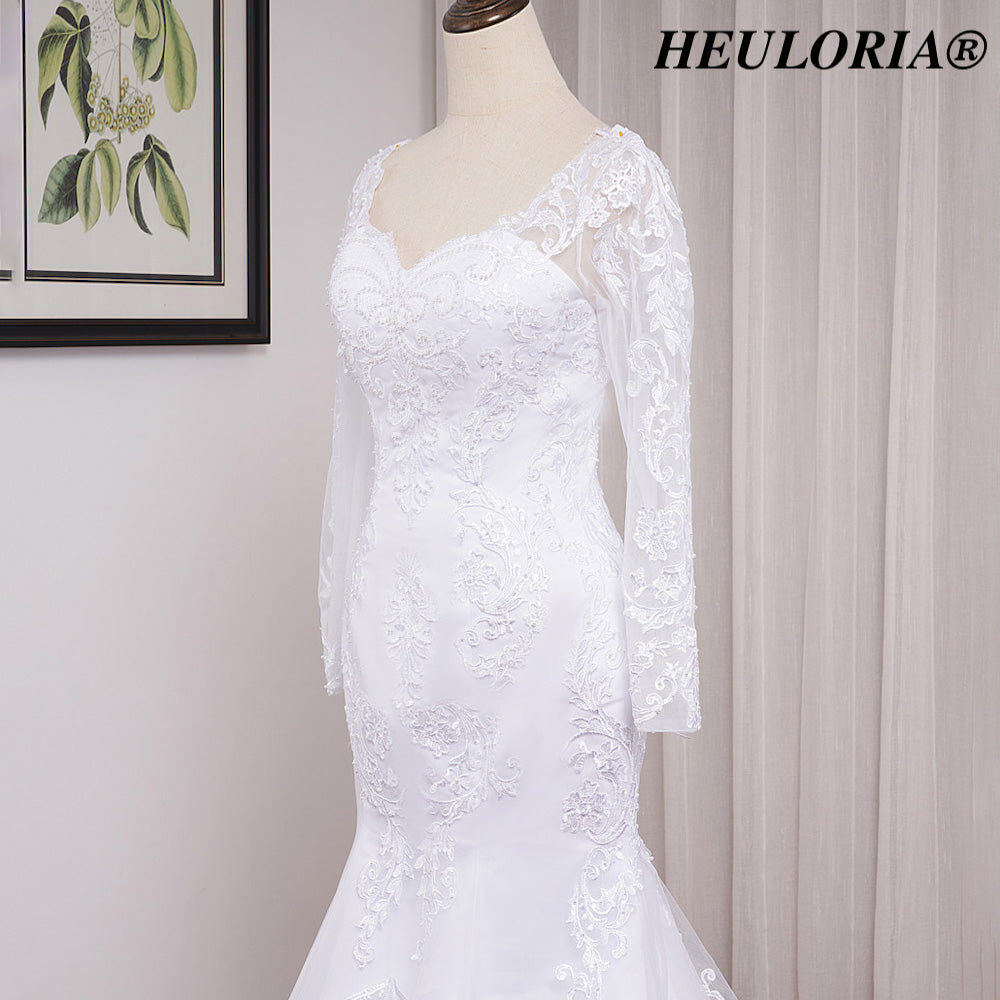 HEULORIA Elegant Long Sleeve Mermaid Lace Wedding Dress with Scalloped Neckline and Illusion Button Back ME-628