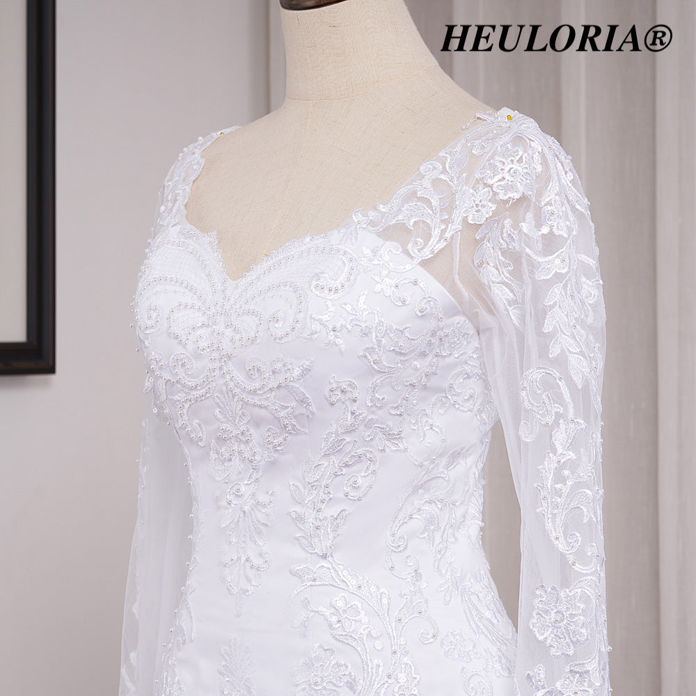 HEULORIA Elegant Long Sleeve Mermaid Lace Wedding Dress with Scalloped Neckline and Illusion Button Back ME-628