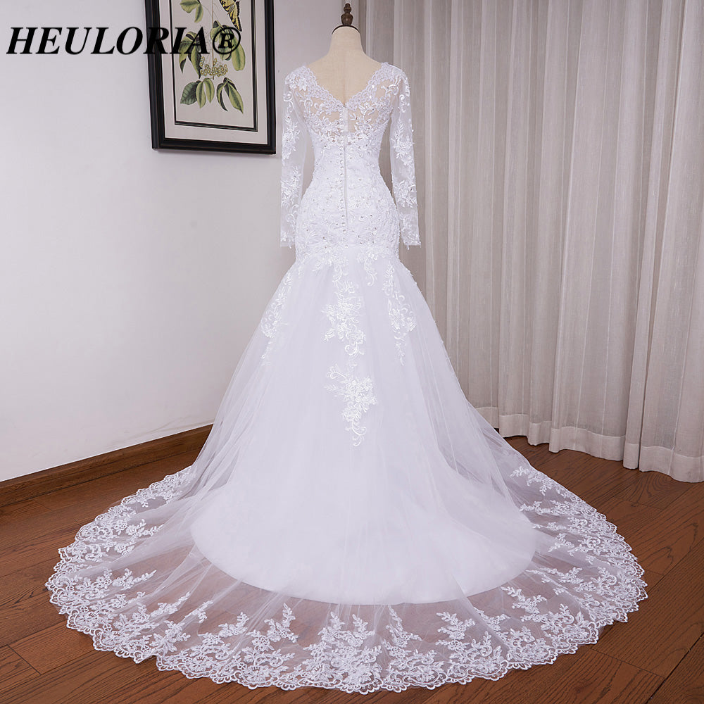 HEULORIA Elegant V-Neck Long Sleeve Mermaid Wedding Dress with Illusion Lace & Scalloped Cathedral Train ME-VL