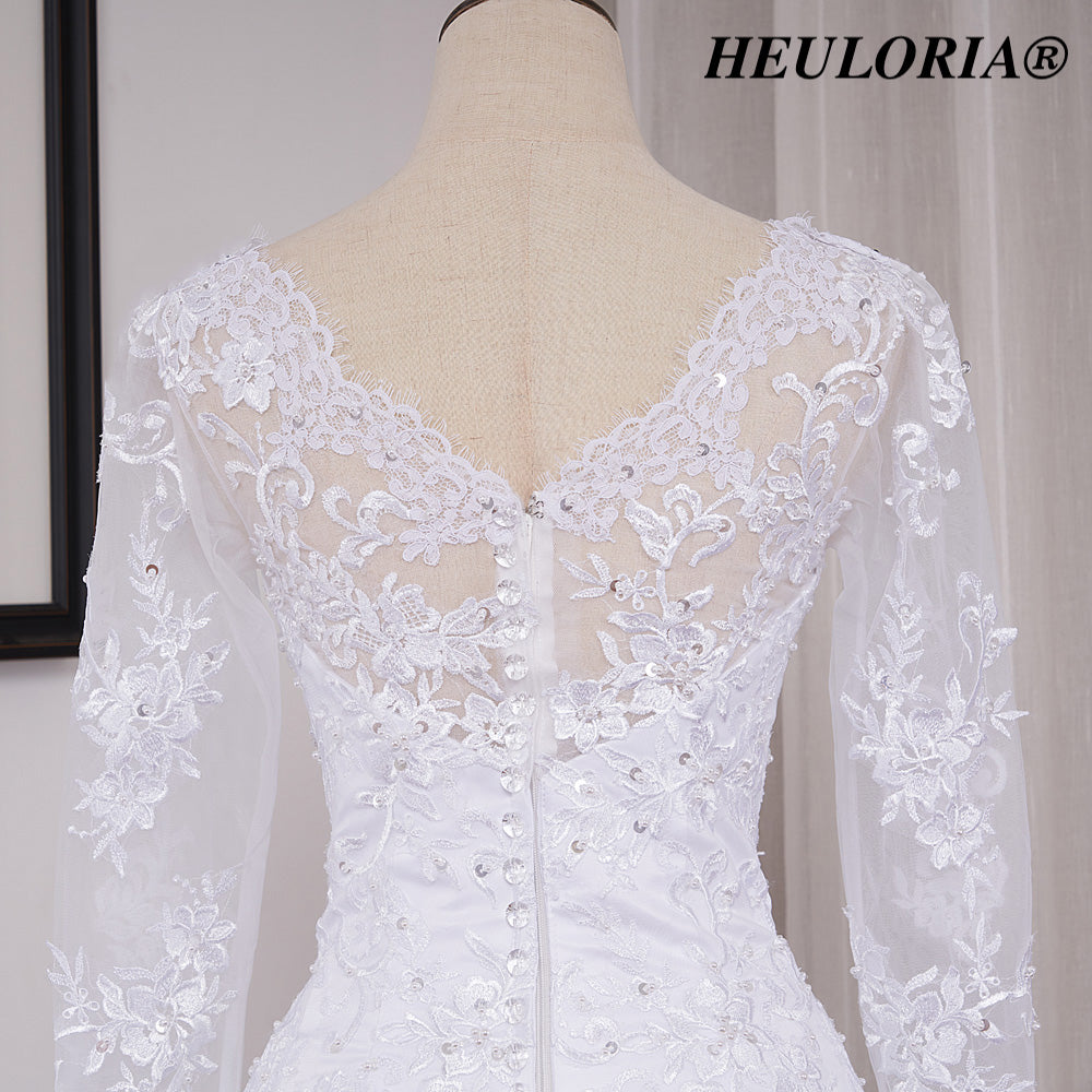 HEULORIA Elegant V-Neck Long Sleeve Mermaid Wedding Dress with Illusion Lace & Scalloped Cathedral Train ME-VL