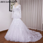 HEULORIA Elegant V-Neck Long Sleeve Mermaid Wedding Dress with Illusion Lace & Scalloped Cathedral Train ME-VL