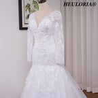 HEULORIA Elegant V-Neck Long Sleeve Mermaid Wedding Dress with Illusion Lace & Scalloped Cathedral Train ME-VL