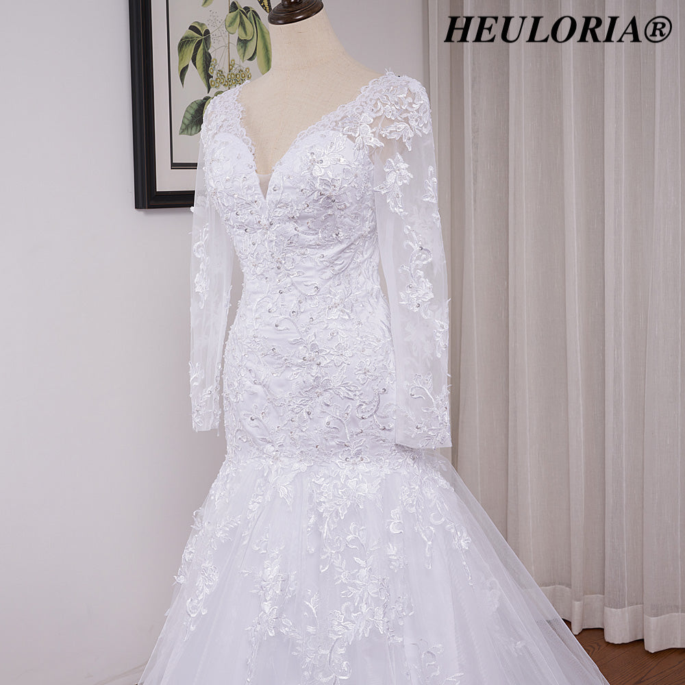 HEULORIA Elegant V-Neck Long Sleeve Mermaid Wedding Dress with Illusion Lace & Scalloped Cathedral Train ME-VL