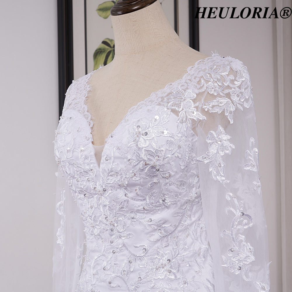 HEULORIA Elegant V-Neck Long Sleeve Mermaid Wedding Dress with Illusion Lace & Scalloped Cathedral Train ME-VL