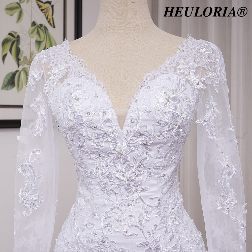 HEULORIA Elegant V-Neck Long Sleeve Mermaid Wedding Dress with Illusion Lace & Scalloped Cathedral Train ME-VL