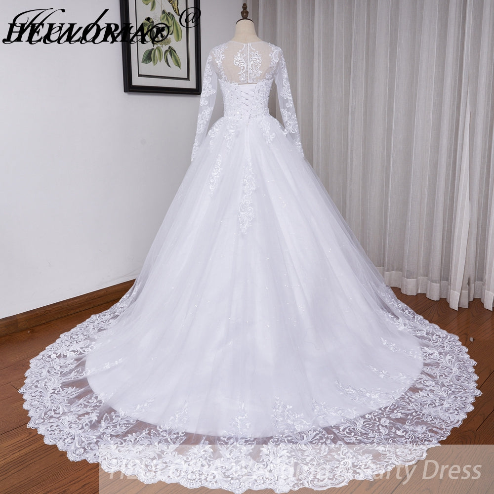 HEULORIA Princess Wedding Dress long sleeve bride dress plus size robe de mariee Lace beading shinny skirt Wedding Bridal Gown BA-530