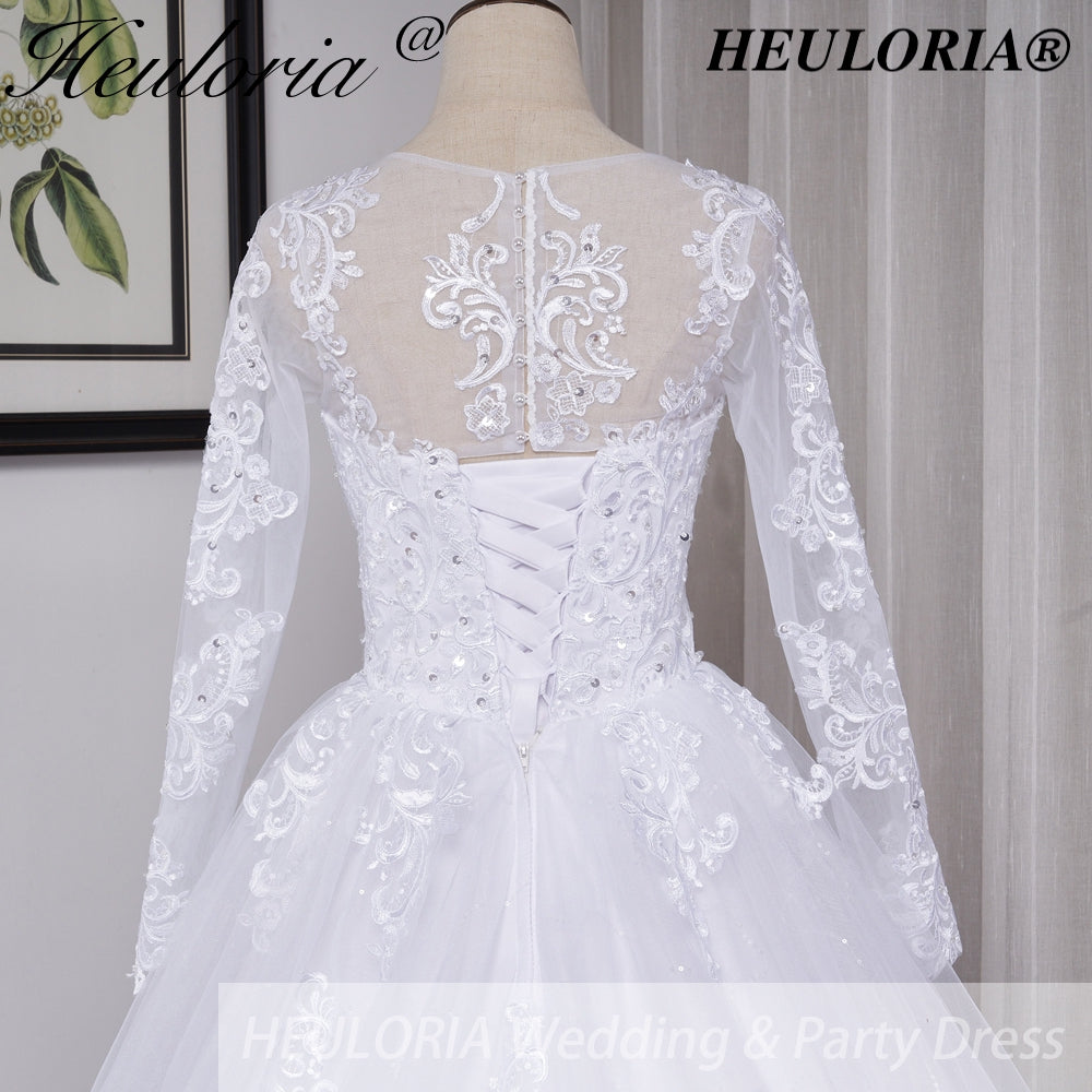 HEULORIA Princess Wedding Dress long sleeve bride dress plus size robe de mariee Lace beading shinny skirt Wedding Bridal Gown BA-530