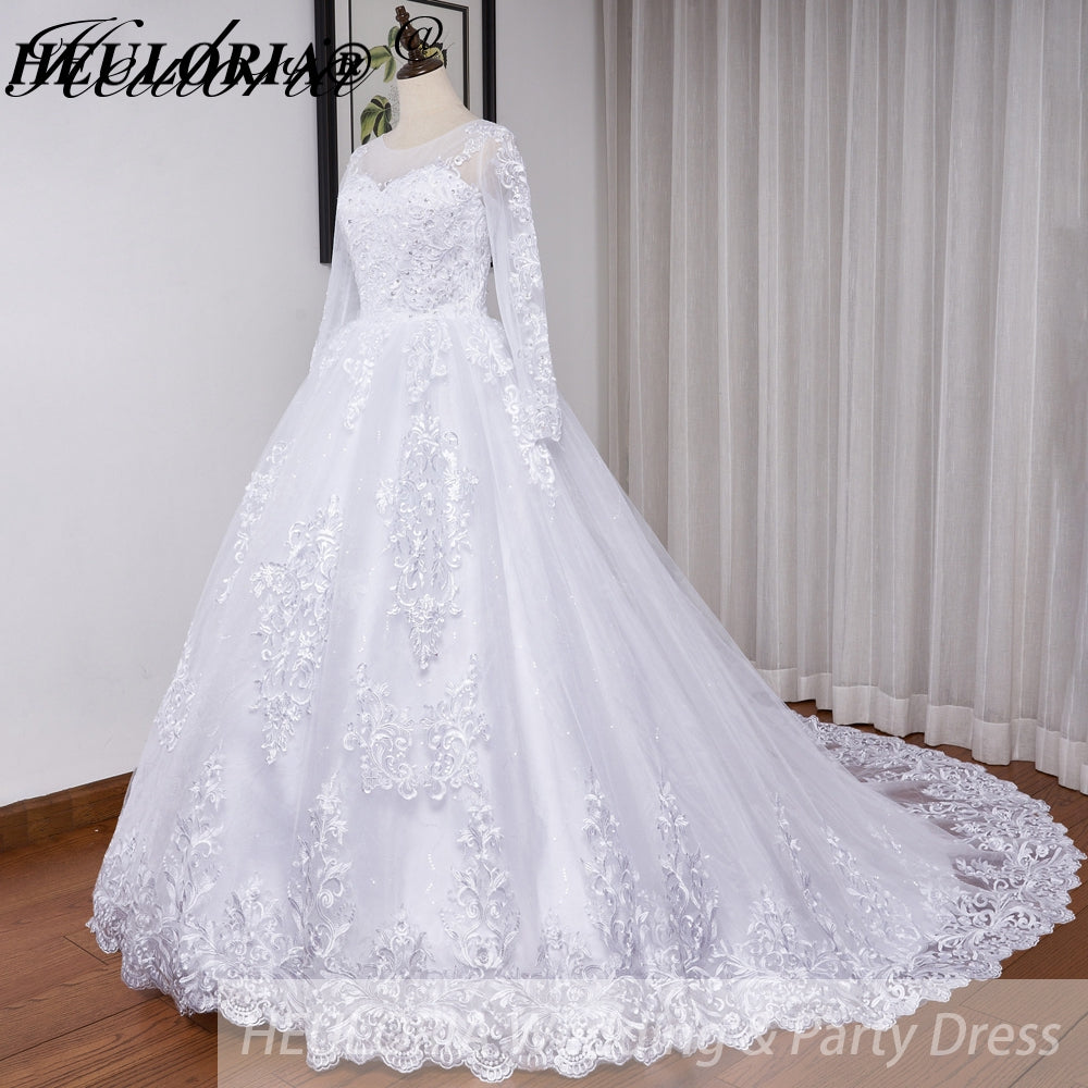 HEULORIA Princess Wedding Dress long sleeve bride dress plus size robe de mariee Lace beading shinny skirt Wedding Bridal Gown BA-530