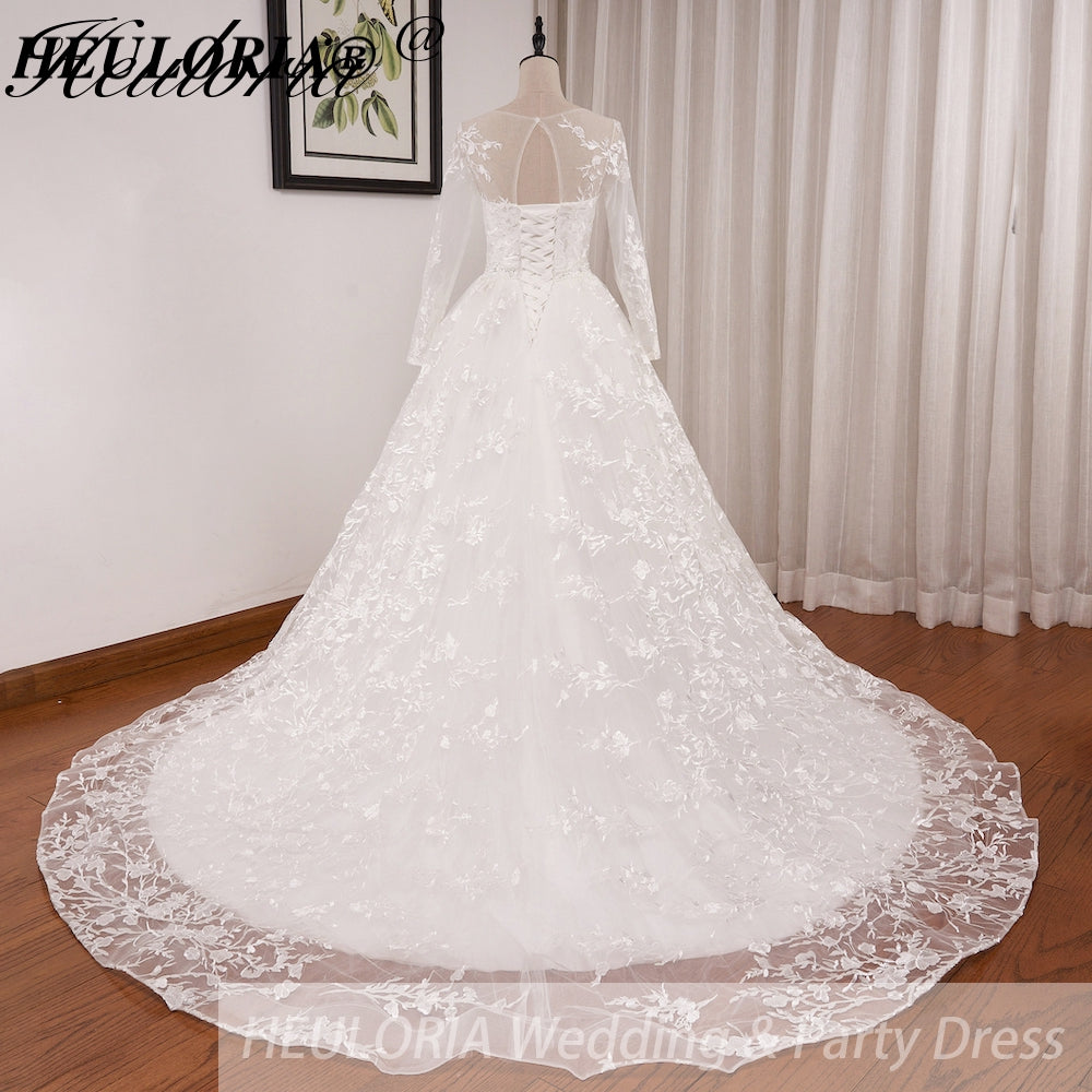 HEULORIA Princess Ball Gown Wedding Dress long sleeve sweetheart plus size robe de mariee Lace beading bride dress court train BA-653