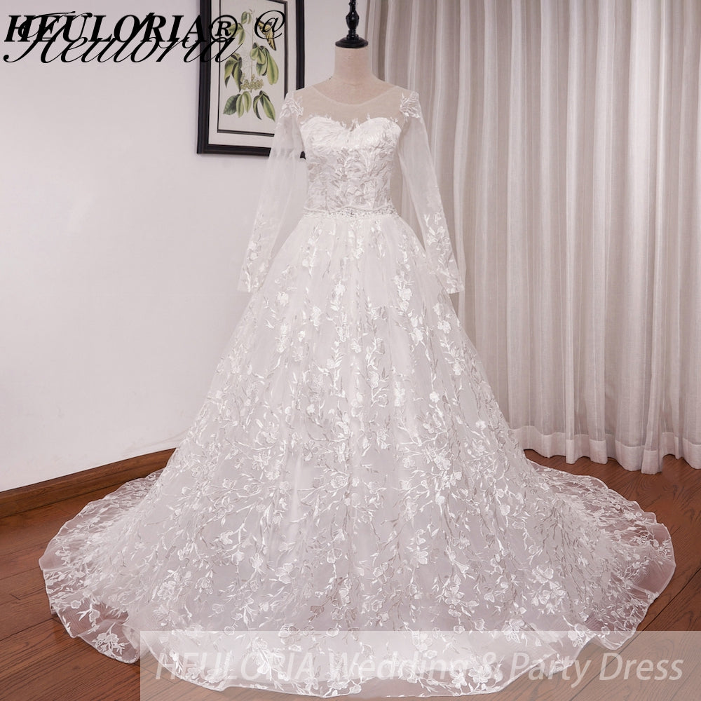 HEULORIA Princess Ball Gown Wedding Dress long sleeve sweetheart plus size robe de mariee Lace beading bride dress court train BA-653