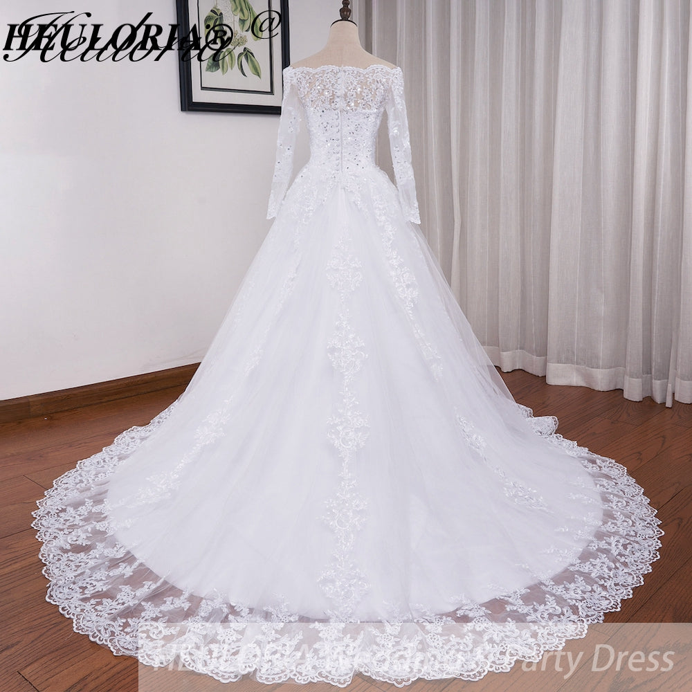 HEULORIA elegant Princess wedding dress long sleeve off shoulder lace bride dress Robe De Mariee Wedding Bride Dress long train BA-OFB
