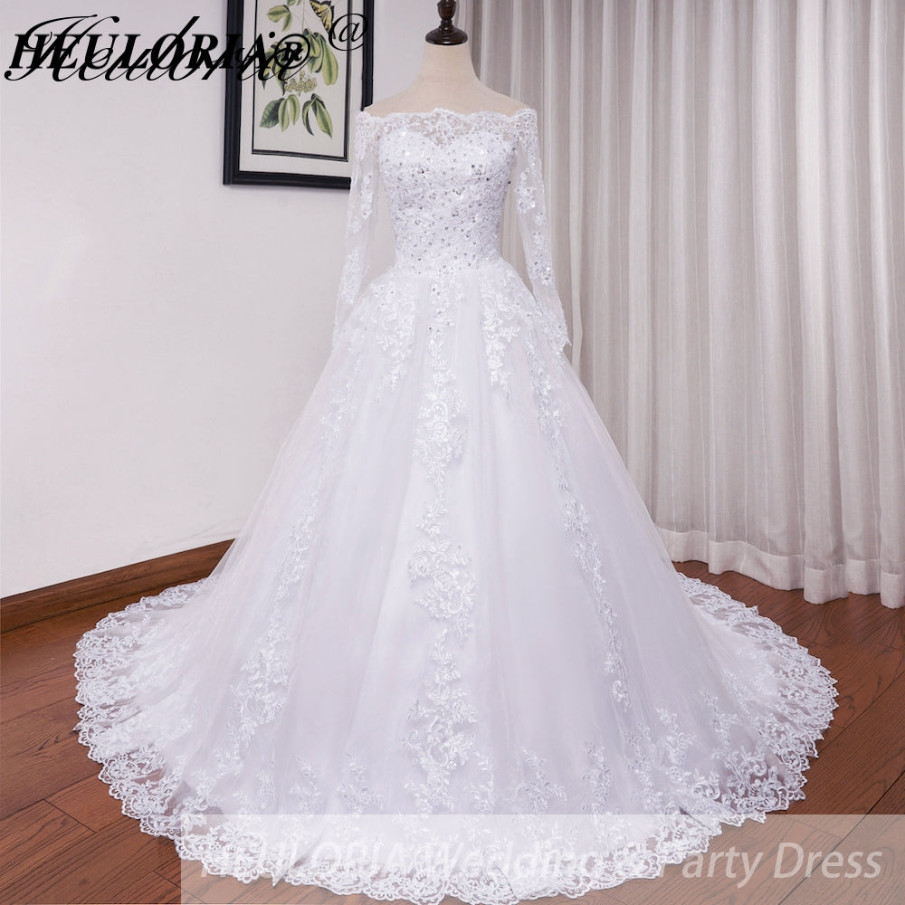 HEULORIA elegant Princess wedding dress long sleeve off shoulder lace bride dress Robe De Mariee Wedding Bride Dress long train BA-OFB