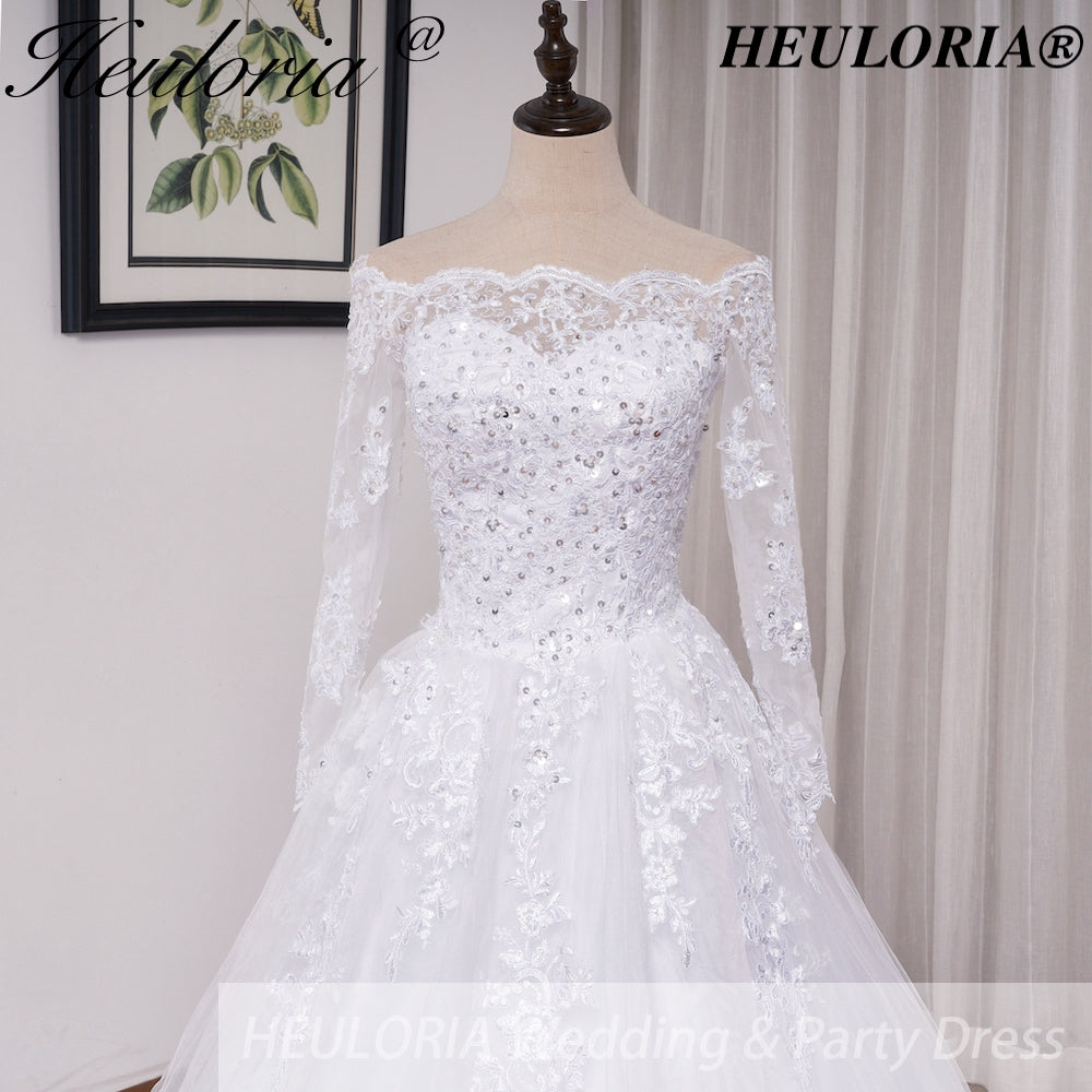 HEULORIA elegant Princess wedding dress long sleeve off shoulder lace bride dress Robe De Mariee Wedding Bride Dress long train BA-OFB
