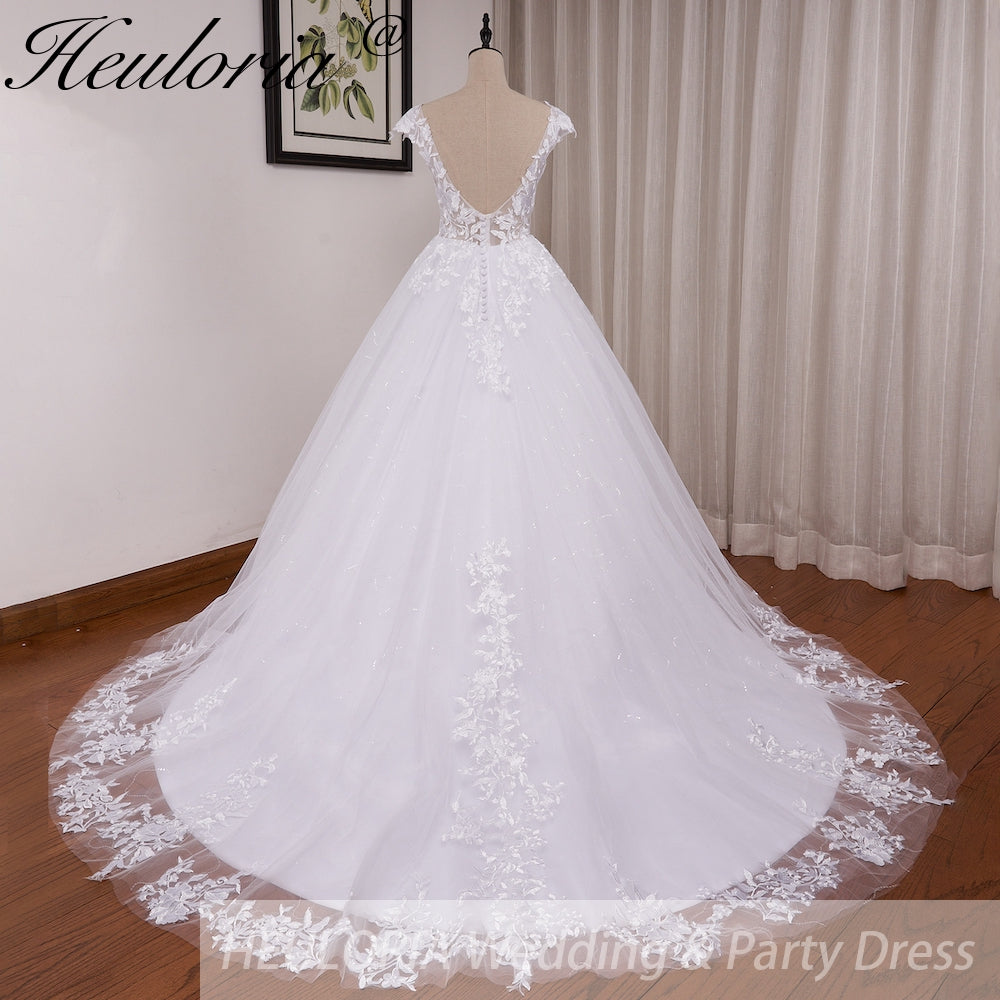 HEULORIA  Elegant lace applique ball gown princess Wedding Dress V neck plus size shinny skirt bridal dress robe de mariee BA-642