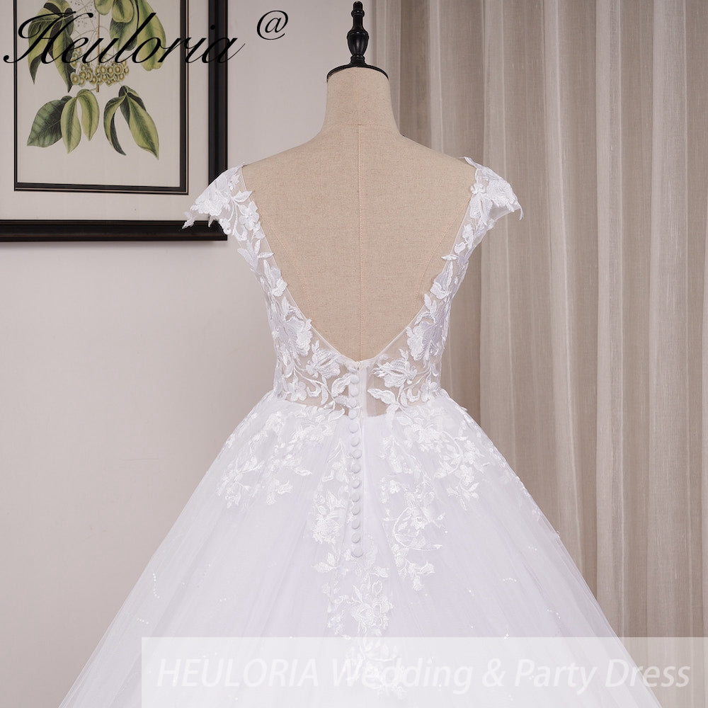 HEULORIA  Elegant lace applique ball gown princess Wedding Dress V neck plus size shinny skirt bridal dress robe de mariee BA-642