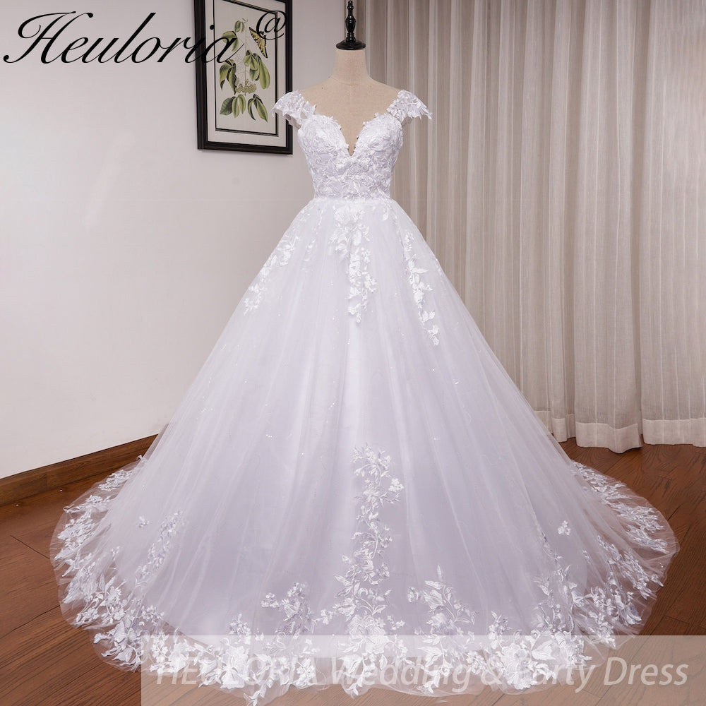 HEULORIA  Elegant lace applique ball gown princess Wedding Dress V neck plus size shinny skirt bridal dress robe de mariee BA-642