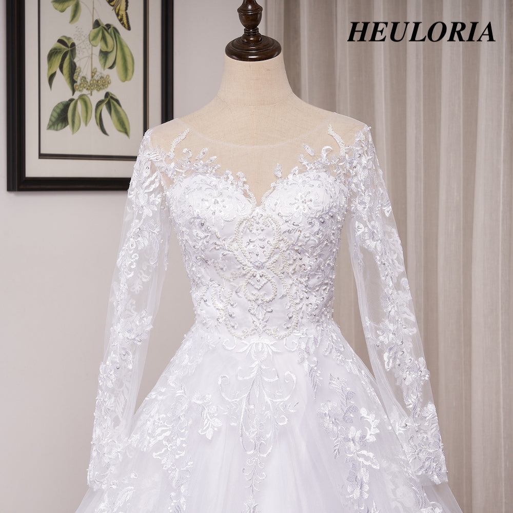 HEULORIA Princess Wedding Dress long sleeve sweetheart plus size robe de mariee Lace beading bride dress court train BA-OF1219