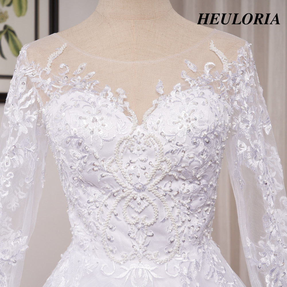 HEULORIA Princess Wedding Dress long sleeve sweetheart plus size robe de mariee Lace beading bride dress court train BA-OF1219
