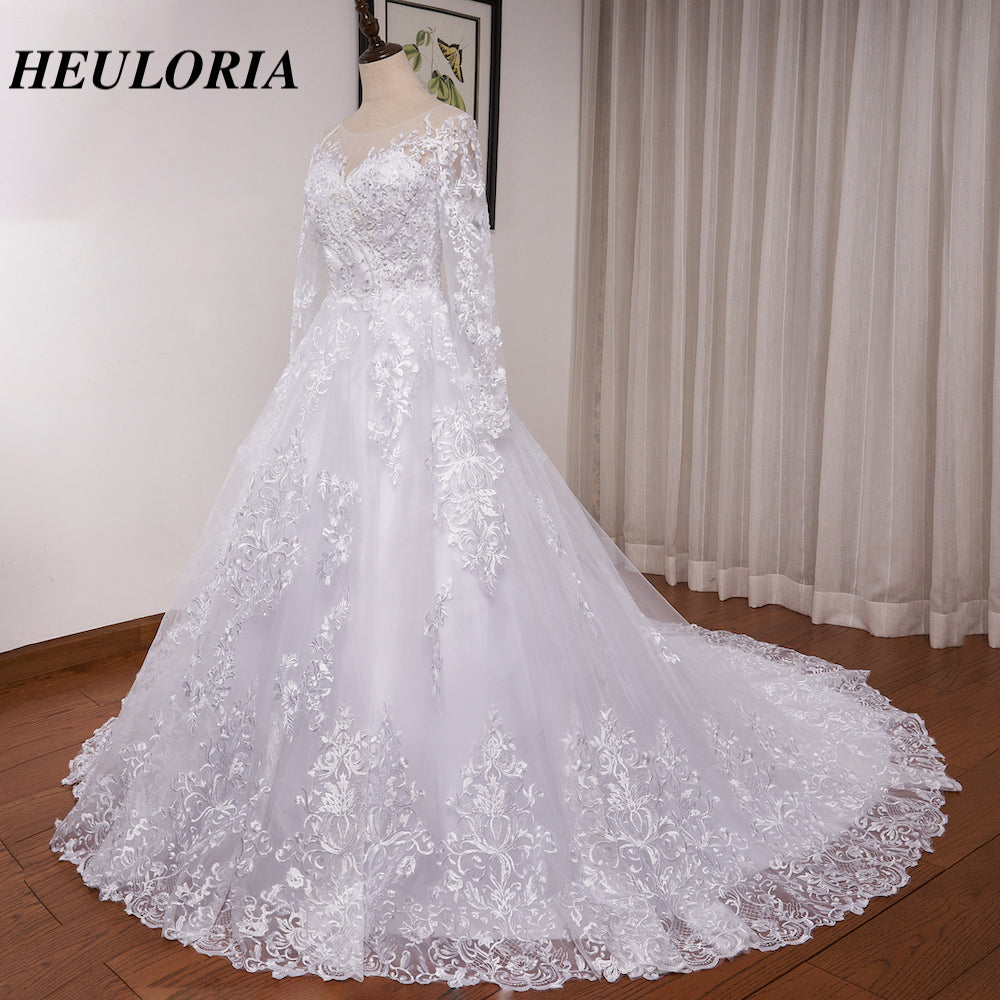 HEULORIA Princess Wedding Dress long sleeve sweetheart plus size robe de mariee Lace beading bride dress court train BA-OF1219