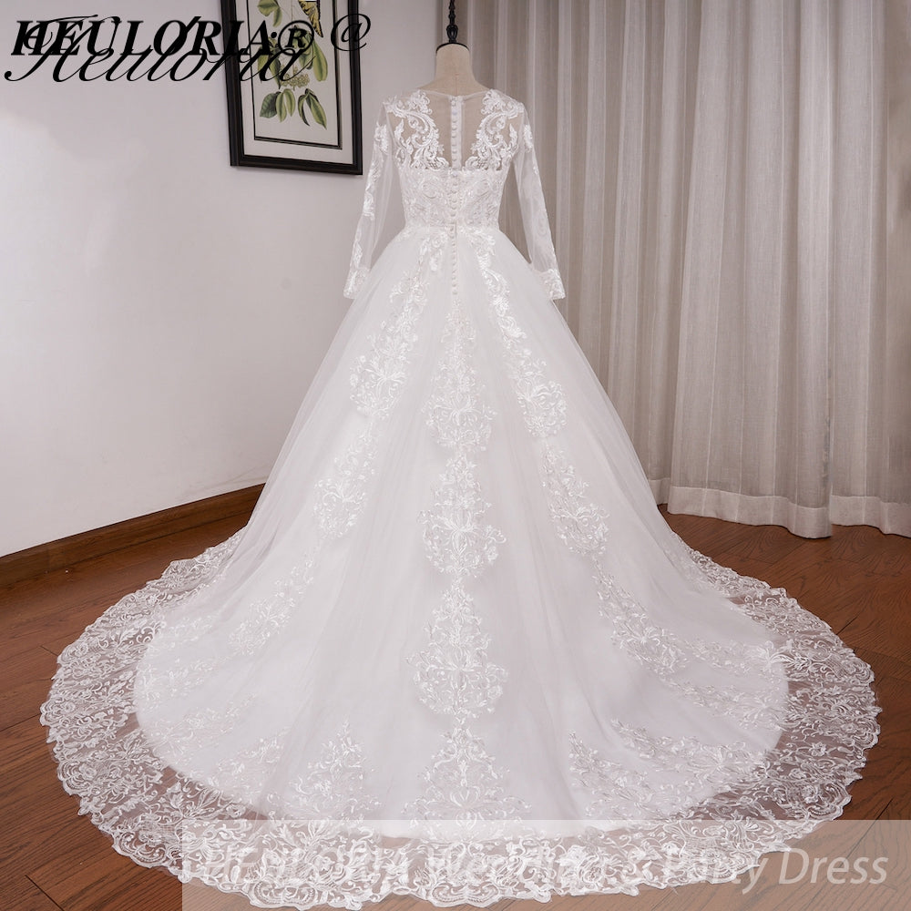 HEULORIA Ball-Gown/Princess Scoop Illusion long sleeve Cathedral Train Tulle Lace Wedding Dress BA-OF1224