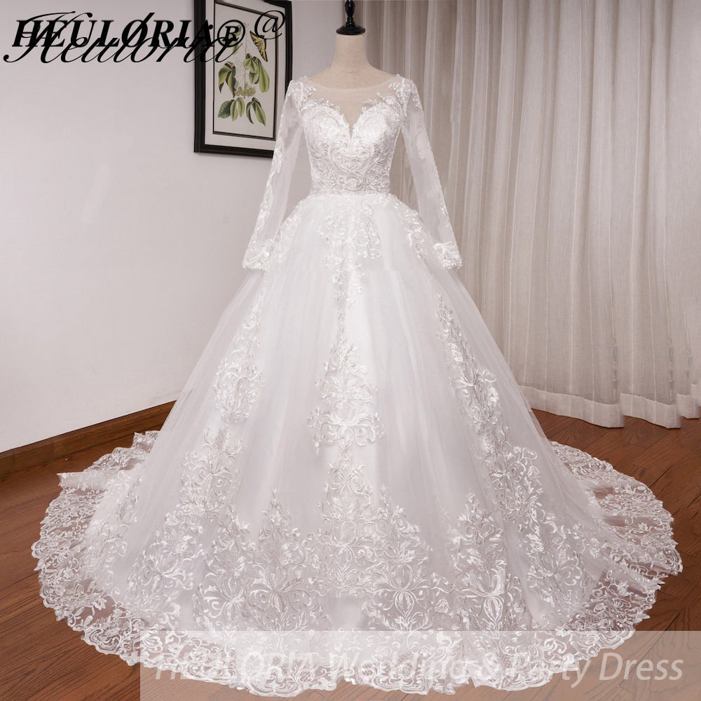 HEULORIA Ball-Gown/Princess Scoop Illusion long sleeve Cathedral Train Tulle Lace Wedding Dress BA-OF1224