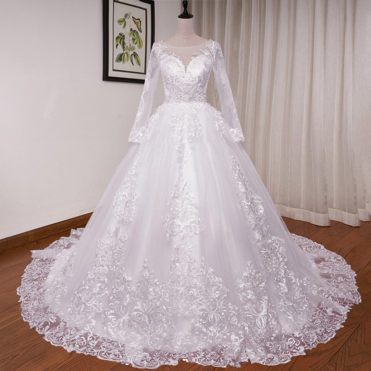 HEULORIA Ball-Gown/Princess Scoop Illusion long sleeve Cathedral Train Tulle Lace Wedding Dress BA-OF1224