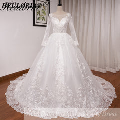 HEULORIA Ball-Gown/Princess Scoop Illusion long sleeve Cathedral Train Tulle Lace Wedding Dress BA-OF1224
