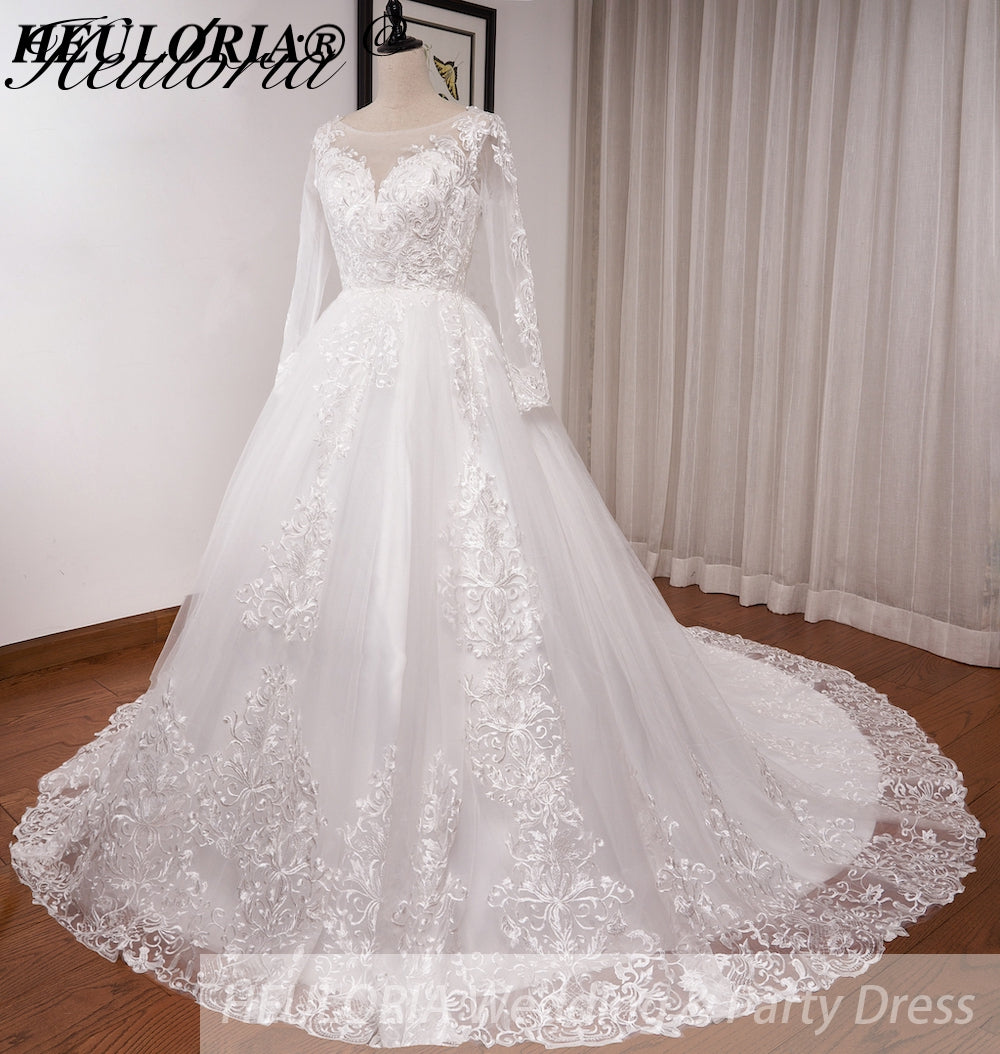 HEULORIA Ball-Gown/Princess Scoop Illusion long sleeve Cathedral Train Tulle Lace Wedding Dress BA-OF1224