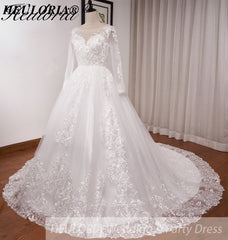 HEULORIA Ball-Gown/Princess Scoop Illusion long sleeve Cathedral Train Tulle Lace Wedding Dress BA-OF1224