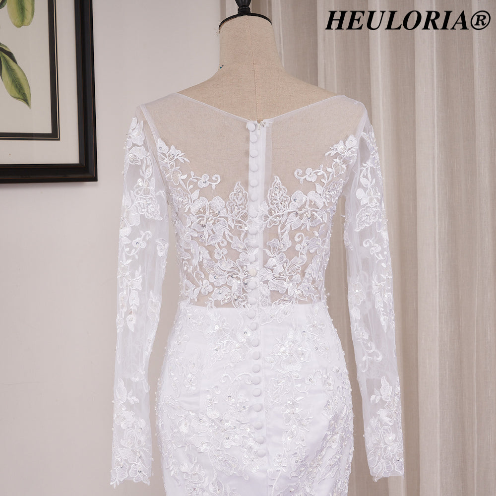 HEULORIA Exquisite Mermaid Lace Wedding Dress with Illusion Long Sleeves and Plunging Neckline ME-620