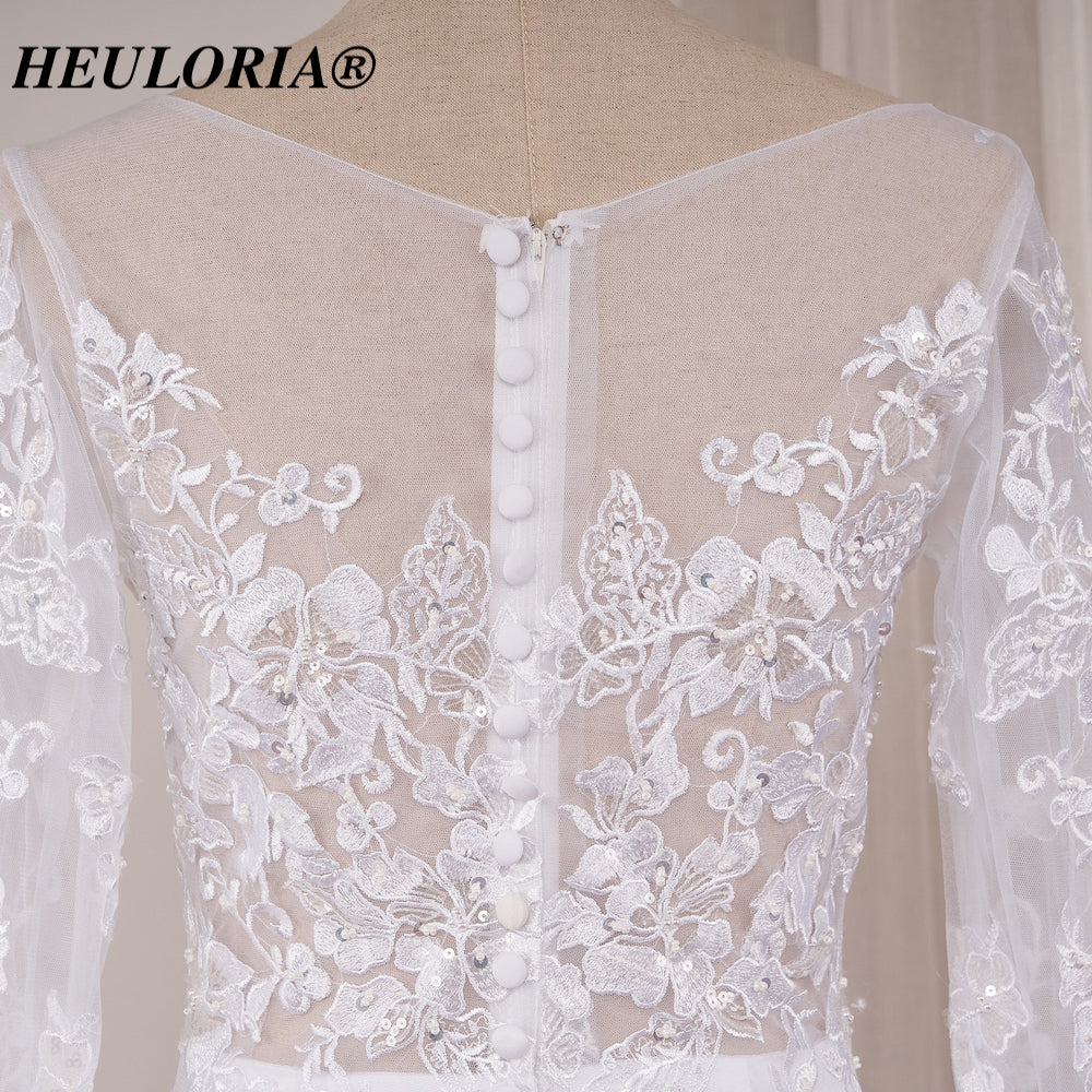 HEULORIA Exquisite Mermaid Lace Wedding Dress with Illusion Long Sleeves and Plunging Neckline ME-620