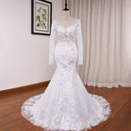 HEULORIA Exquisite Mermaid Lace Wedding Dress with Illusion Long Sleeves and Plunging Neckline ME-620