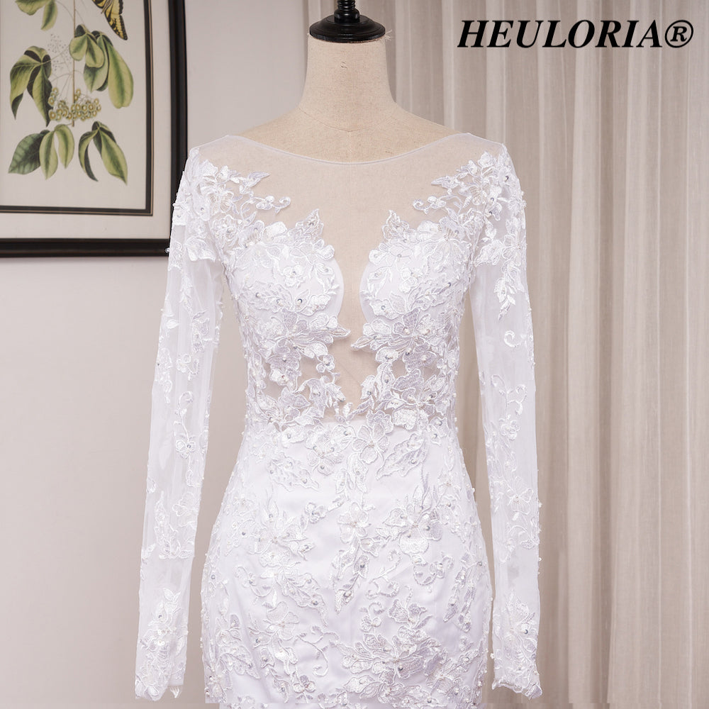 HEULORIA Exquisite Mermaid Lace Wedding Dress with Illusion Long Sleeves and Plunging Neckline ME-620