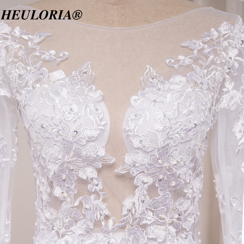 HEULORIA Exquisite Mermaid Lace Wedding Dress with Illusion Long Sleeves and Plunging Neckline ME-620