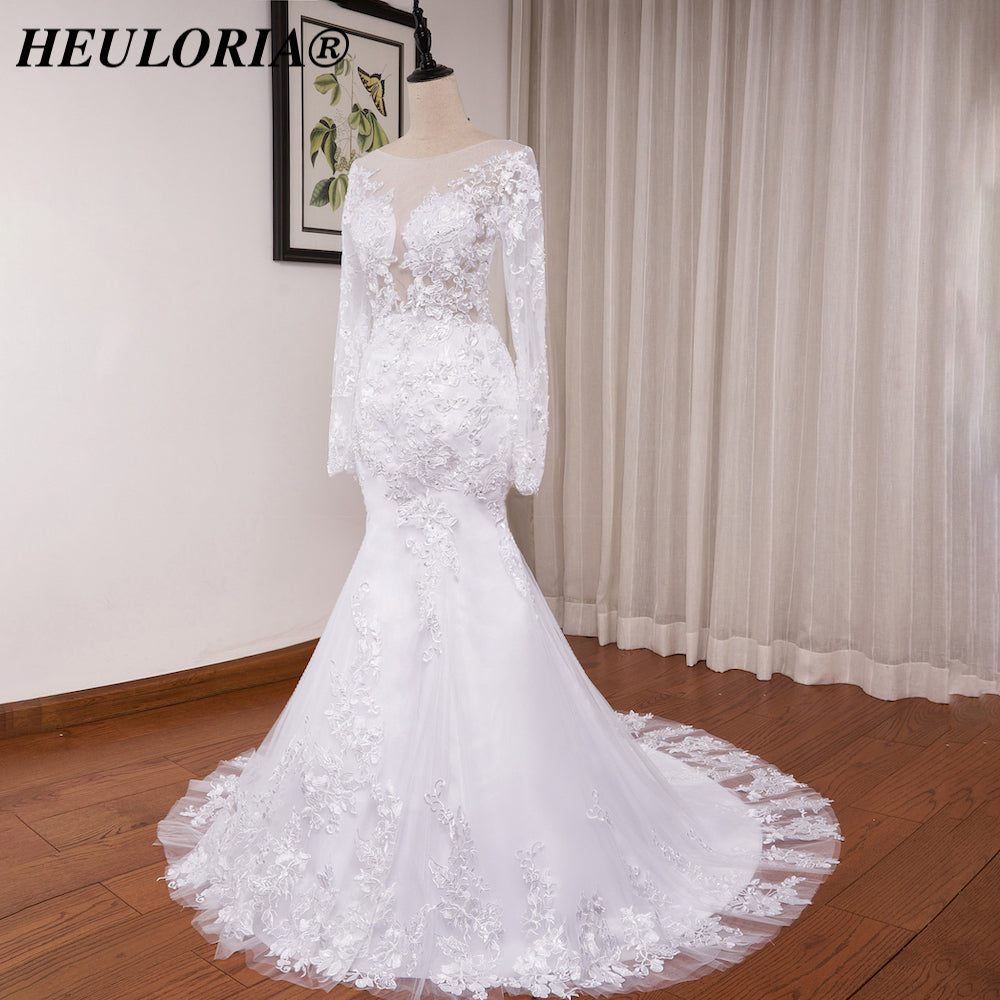 HEULORIA Exquisite Mermaid Lace Wedding Dress with Illusion Long Sleeves and Plunging Neckline ME-620