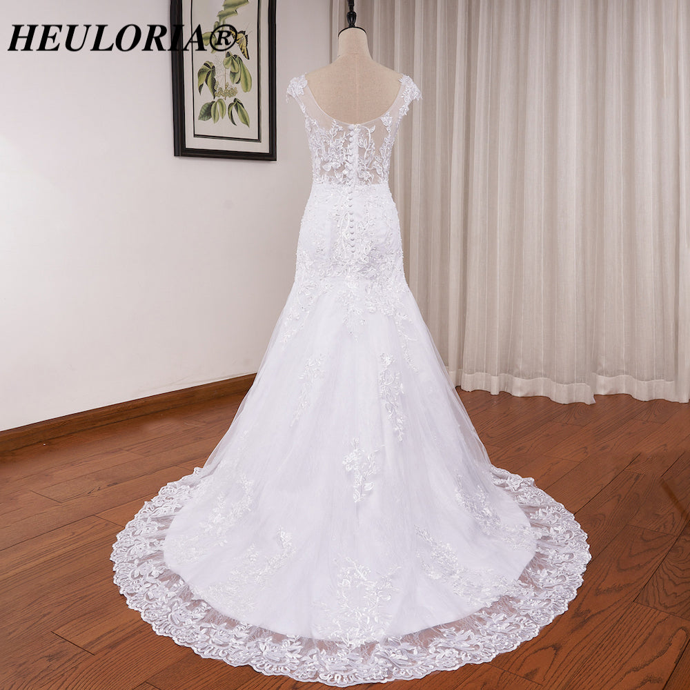 HEULORIA Illusion Neckline Lace Mermaid Wedding Dress with Delicate Cap Sleeves and Scalloped Train ME-621