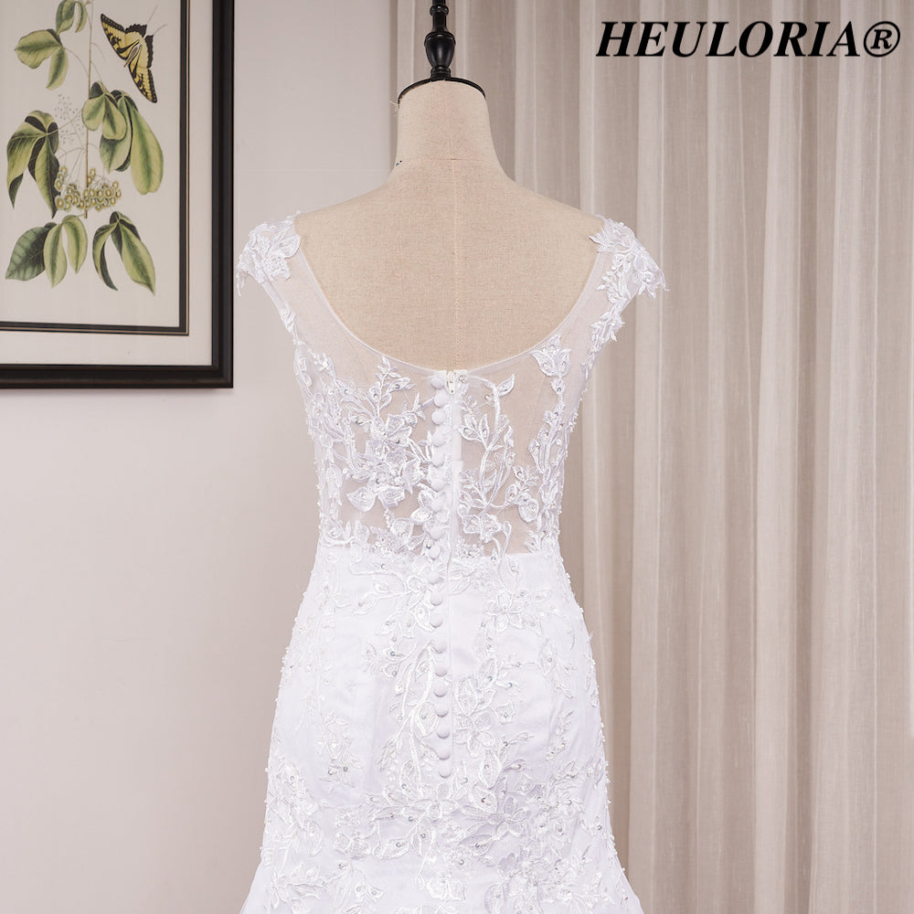 HEULORIA Illusion Neckline Lace Mermaid Wedding Dress with Delicate Cap Sleeves and Scalloped Train ME-621