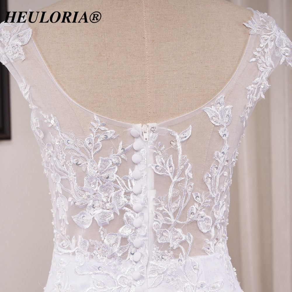 HEULORIA Illusion Neckline Lace Mermaid Wedding Dress with Delicate Cap Sleeves and Scalloped Train ME-621