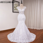 HEULORIA Illusion Neckline Lace Mermaid Wedding Dress with Delicate Cap Sleeves and Scalloped Train ME-621