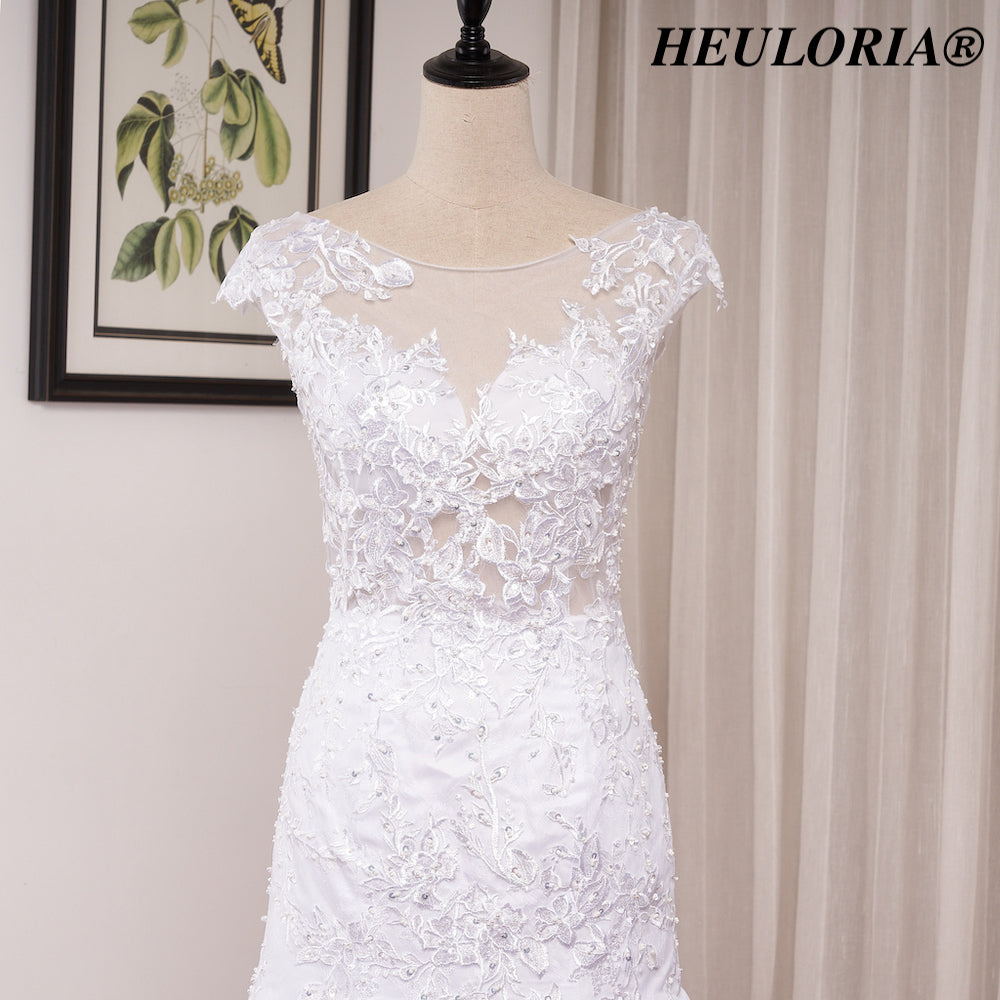 HEULORIA Illusion Neckline Lace Mermaid Wedding Dress with Delicate Cap Sleeves and Scalloped Train ME-621