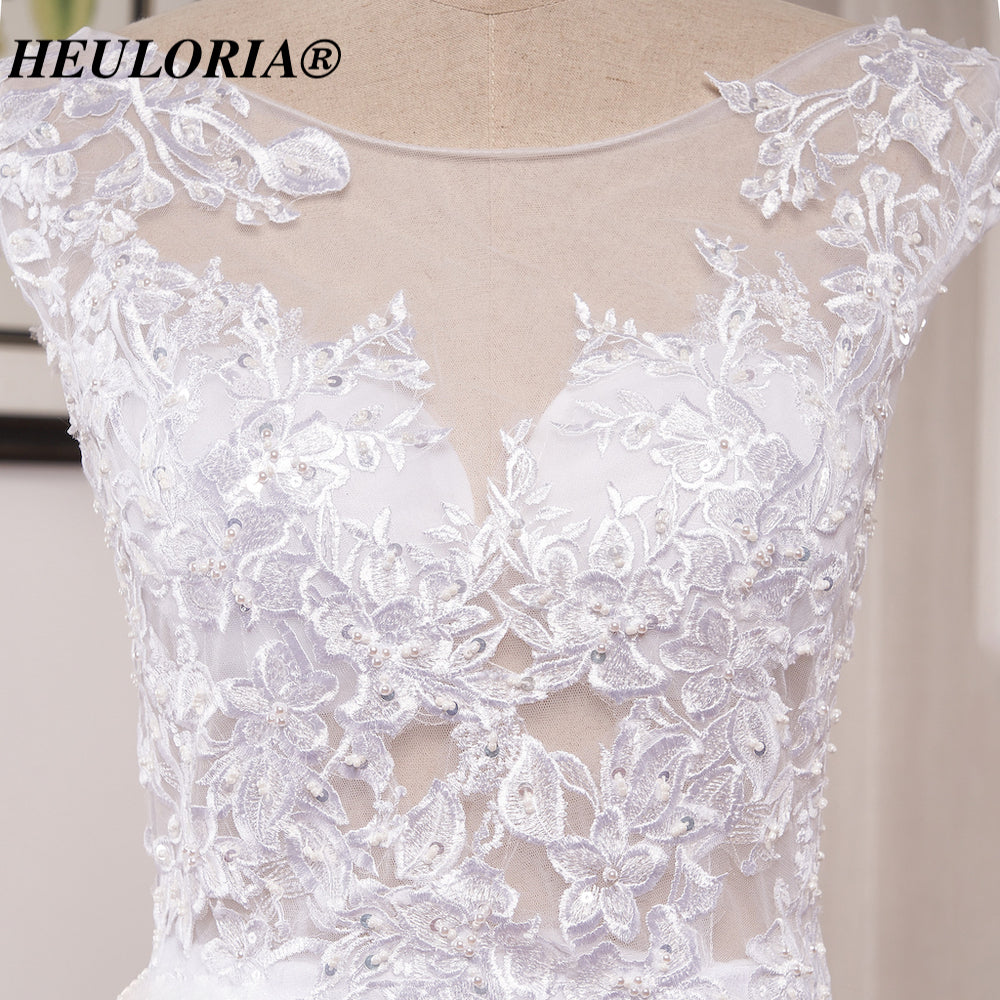 HEULORIA Illusion Neckline Lace Mermaid Wedding Dress with Delicate Cap Sleeves and Scalloped Train ME-621