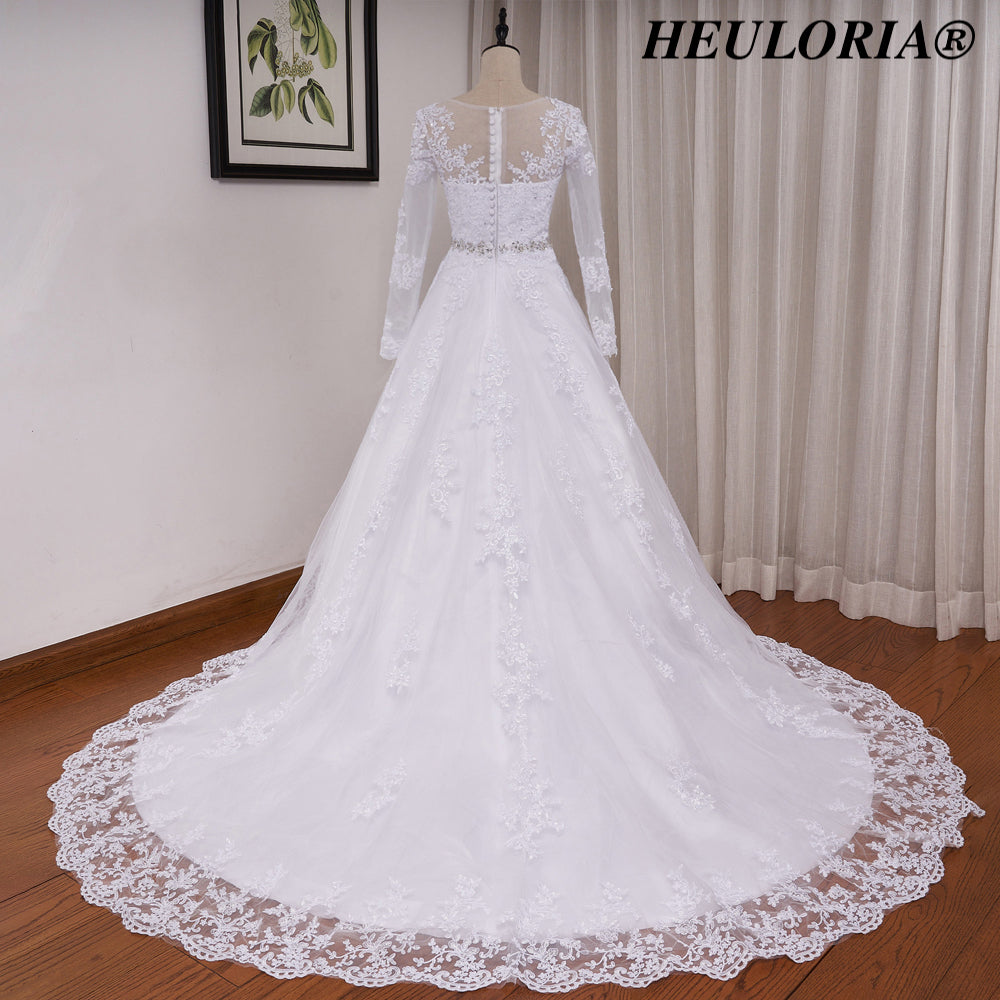 HEULORIA Elegant Long Sleeve Illusion Lace A-Line Wedding Dress with Cathedral Train and Crystal Belt BA-0517