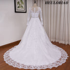HEULORIA Elegant Long Sleeve Illusion Lace A-Line Wedding Dress with Cathedral Train and Crystal Belt BA-0517