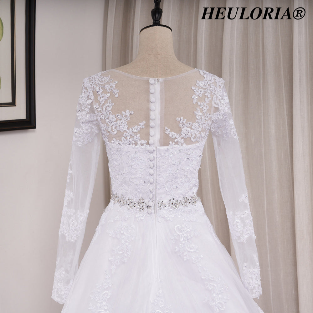 HEULORIA Elegant Long Sleeve Illusion Lace A-Line Wedding Dress with Cathedral Train and Crystal Belt BA-0517
