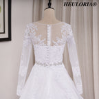 HEULORIA Elegant Long Sleeve Illusion Lace A-Line Wedding Dress with Cathedral Train and Crystal Belt BA-0517