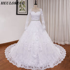 HEULORIA Elegant Long Sleeve Illusion Lace A-Line Wedding Dress with Cathedral Train and Crystal Belt BA-0517