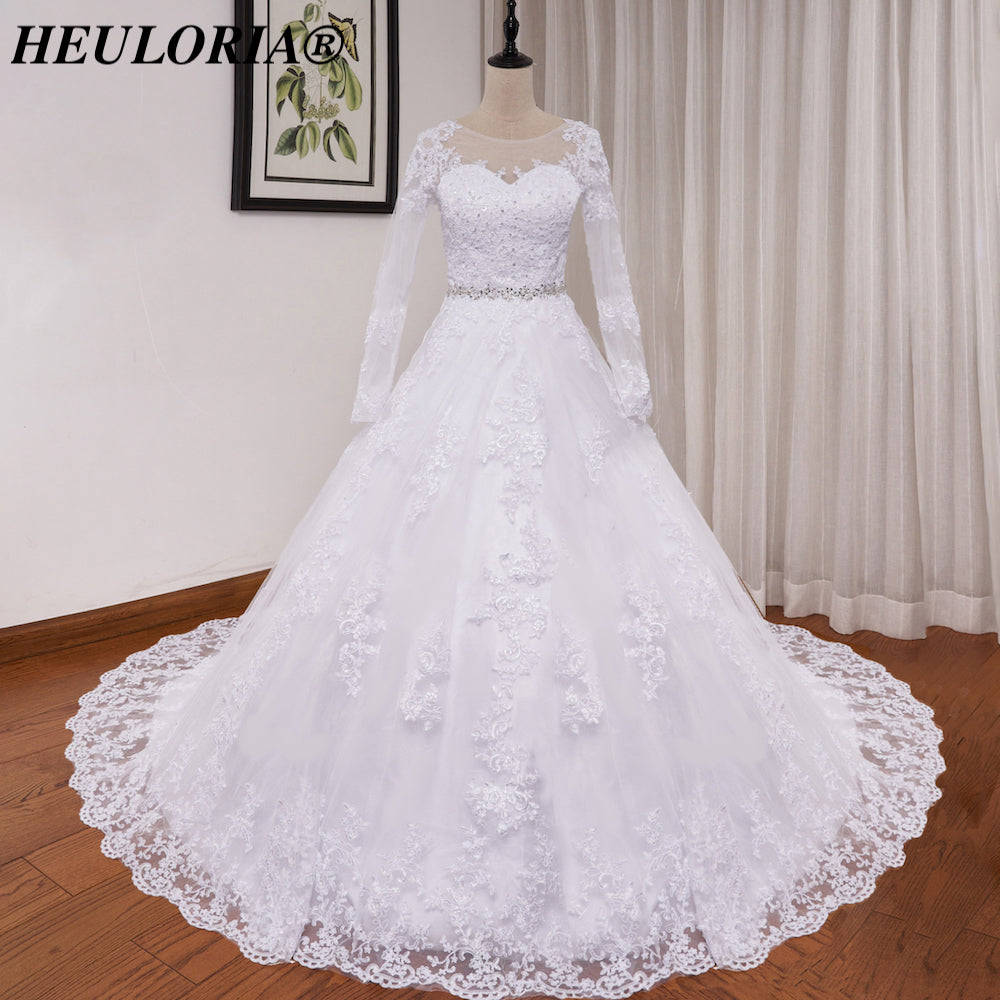 HEULORIA Elegant Long Sleeve Illusion Lace A-Line Wedding Dress with Cathedral Train and Crystal Belt BA-0517